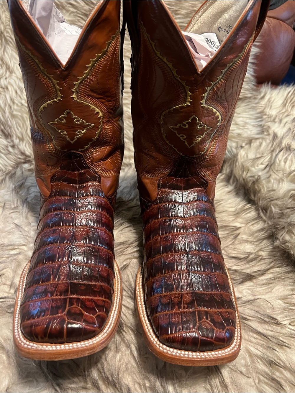 Men's Brown Exotic CAIMAN Print & Leather Western Boots with Embossed Shaft Sz 8 - Picture 2 of 15